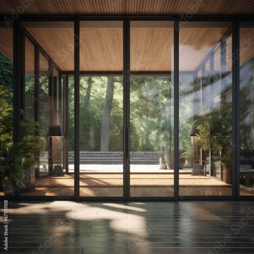 Modern glass door in front in detailed interior render in blender. Background home interior design.