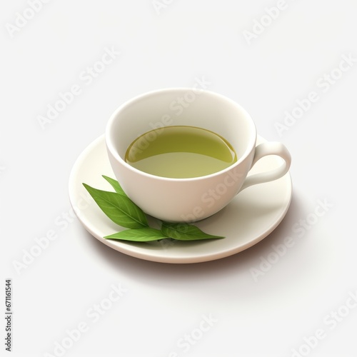 A cup of green tea on a saucer