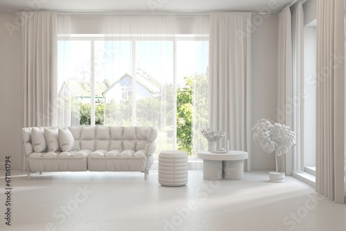 Grey living room concept with sofa and summer landscape in window. Scandinavian interior design. 3D illustration