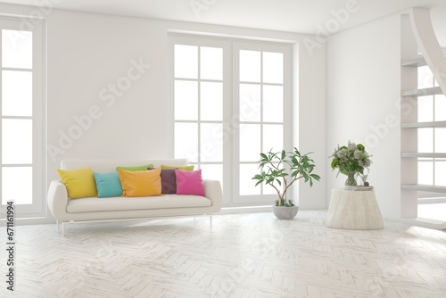 White living room with sofa. Scandinavian interior design. 3D illustration