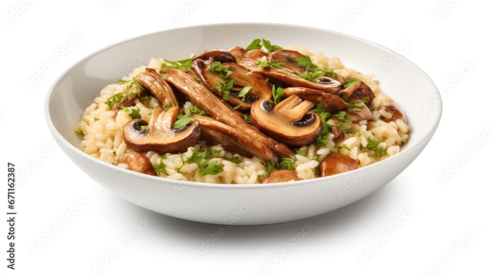 A white bowl filled with rice and mushrooms, tasty risotto dish. A white bowl filled with rice and mushrooms, tasty risotto dish.