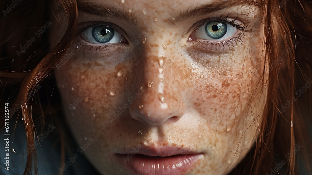 Close-up view of a female face with grey eyes. Redhead, freckles. Illustration, wallpaper, background. Close-up view of a female face with grey eyes. Redhead, freckles. Illustration, wallpaper, background.