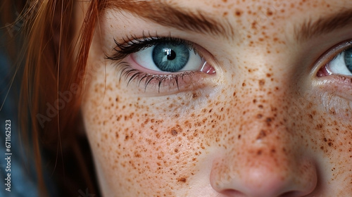 Close-up view of blue female eyes. Redhead, freckles. Illustration, wallpaper, background.