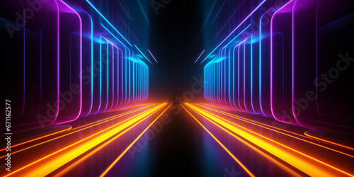 Neon dark stage shows empty room: neon light, spotlights, dark blue, purple, pink background - dance floor for product display in studio, backdrop for photo shooting. Generative AI.