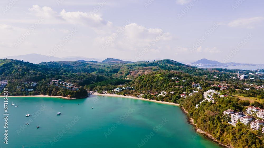 Aerial view of blue water surface background and sun reflection. aerial view of a flying drone Waves surface on a tropical ocean with bright sunlight. Perfect for vacations, 