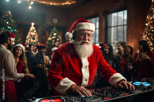 Santa Claus DJ in a festive outfit, mixing powerful hits tracks at a lively Christmas party. The party is filled with energy and holiday cheer. Generative Ai