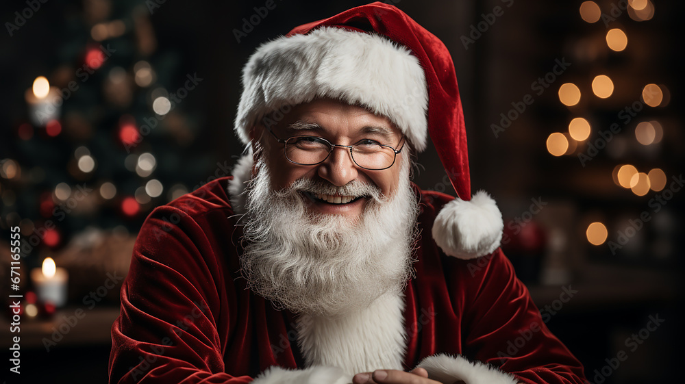 Cute Santa Claus. Santa Claus with cup of coffee over living room background. Christmas time, holidays. High quality photo. Cute Santa Claus. Santa Claus with cup of coffee over living room background. Christmas time, holidays. High quality photo.