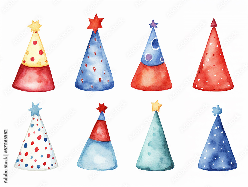 Set of watercolor party caps on white isolated Set of watercolor party caps on white isolated
