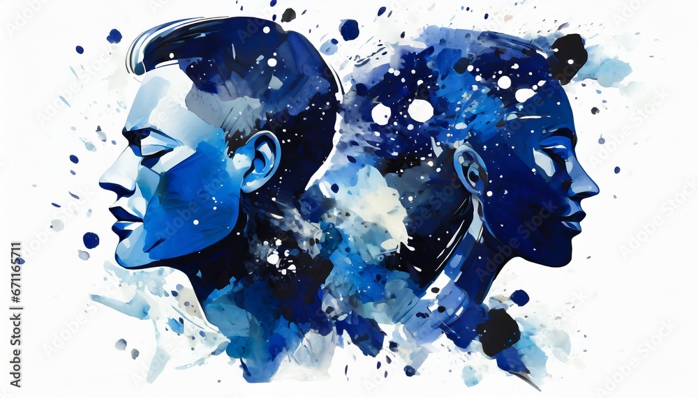 Blue indigo neutral partial cool splash face on a dark blue background - obrazy, fototapety, plakaty 