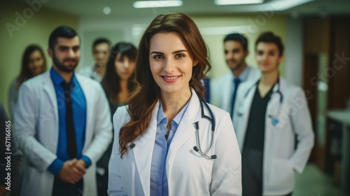 Pretty woman doctor standing in a hospital with a group of staff