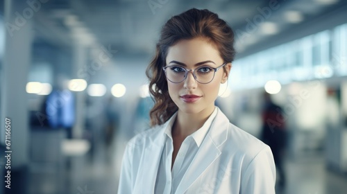 Beautiful young woman scientist in white coat and glasses in laboratory