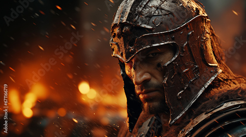 Exhausted ancient male spartan warrior with helmet after battle, burning blurry battlefield background with copy space for text photo