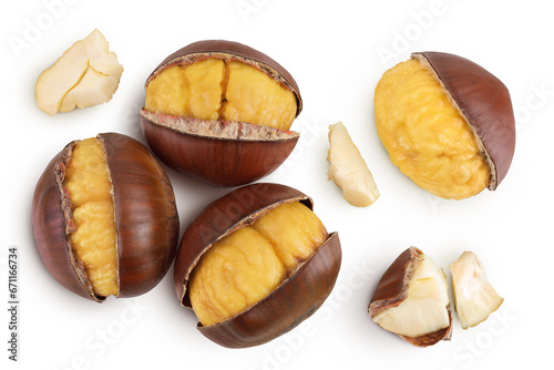 Vászonkép roasted peeled chestnut isolated on white background wit full depth of field