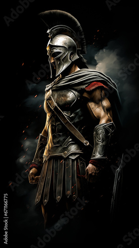 Portrait of a brave spartan warrior standing on dark background. Ancient sparta concept, vertical design
