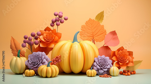 3D style pumpkins and autumn fruits on light orange background