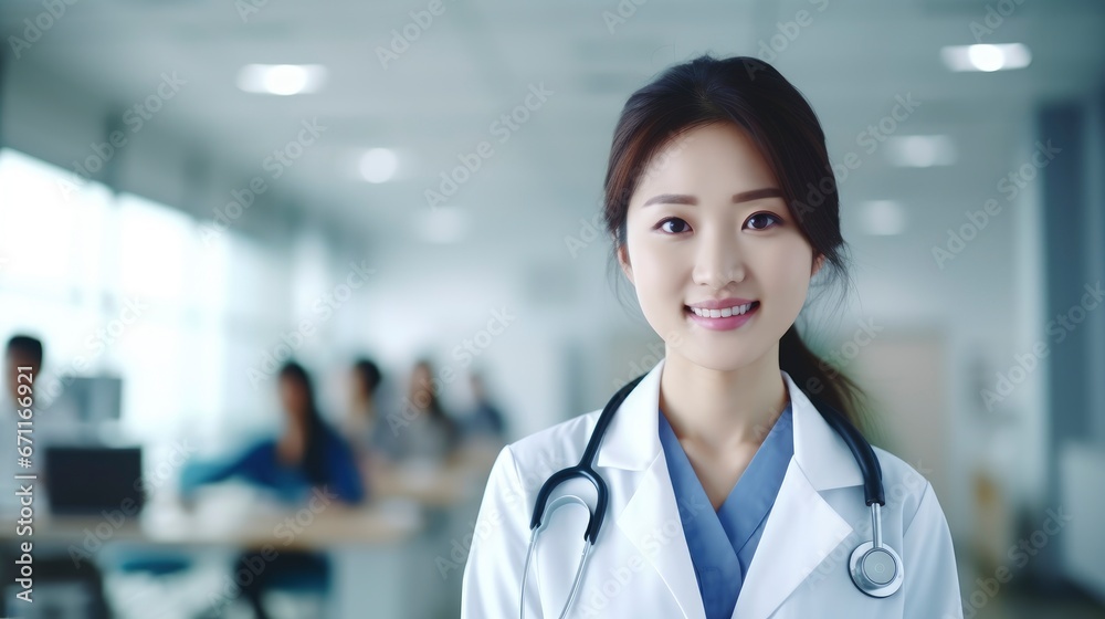 Young pretty smiling asian woman doctor portrait