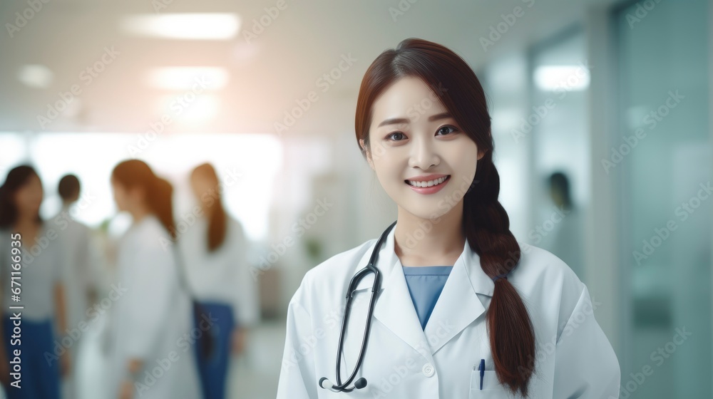 Young pretty smiling asian woman doctor portrait