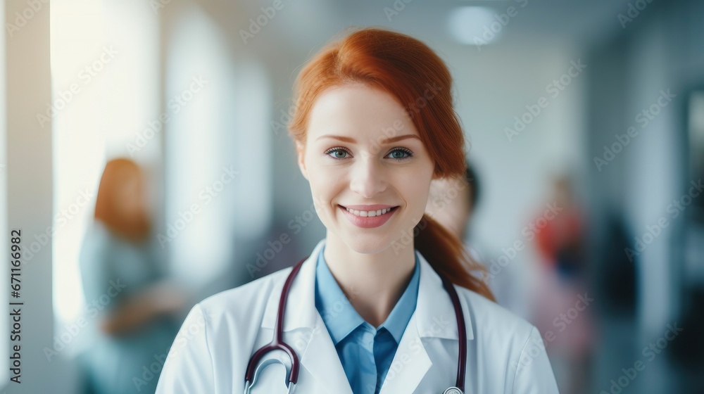 Young pretty smiling redheaded woman doctor portrait Young pretty smiling redheaded woman doctor portrait