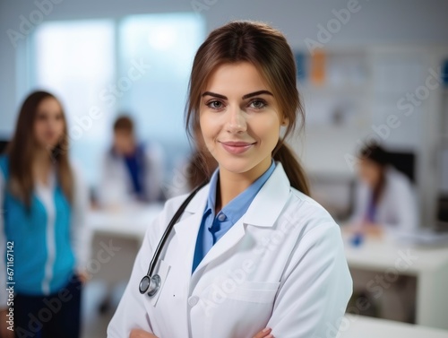 Young pretty smiling woman doctor portrait in medical class