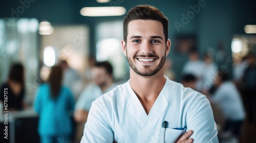 Young pretty smiling man doctor portrait in medical class