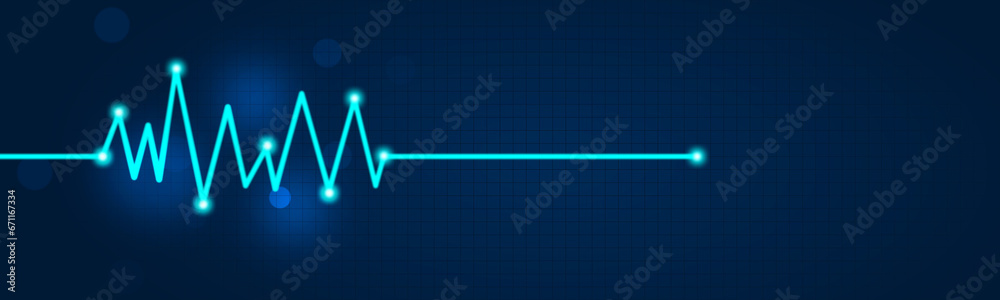 Emergency ekg monitoring. Blue glowing neon heart pulse. Heart beat. Electrocardiogram - obrazy, fototapety, plakaty 