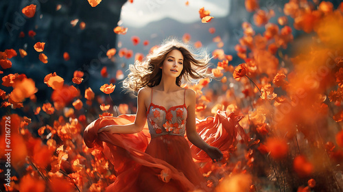 fantasy goddess woman queen in red silk dress. Happy girl princess in Summer nature Field poppies flowers,