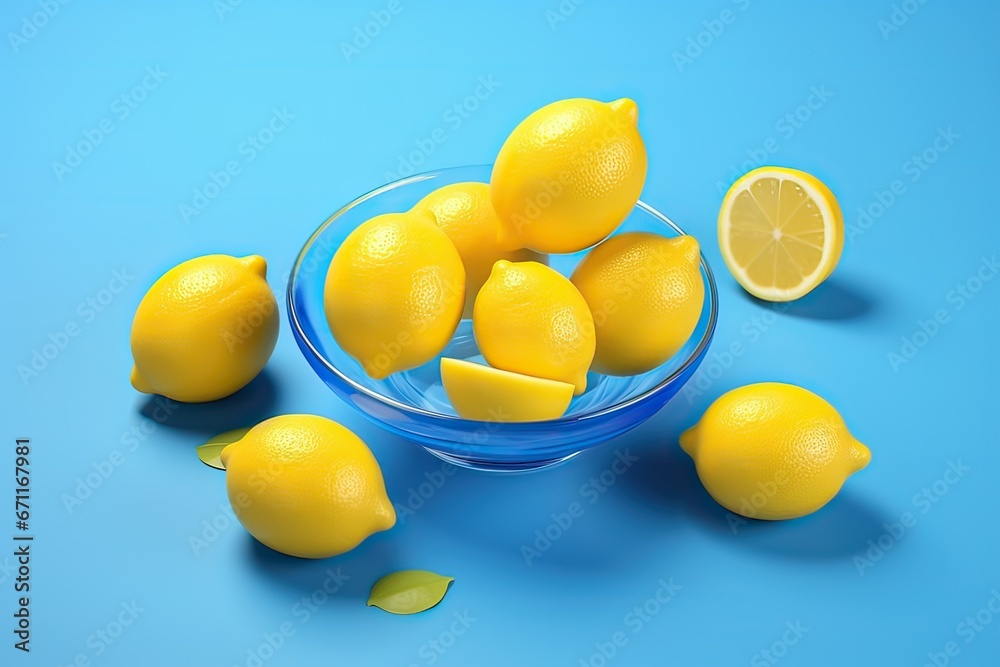 Yellow lemon on blue background, food and beverage concept Yellow lemon on blue background, food and beverage concept