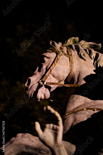 Zbliżenie na detal pomnika - głowę konia w parku miejskim wieczorem, oświetlony reflektorem w dramatyczny sposób