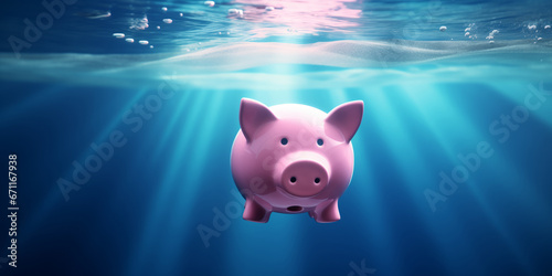 Pink piggy bank sinks underwater, drowning to the bottom of sea water - Concept of investment failure, financial risk, debt problem, bankruptcy, economy crisis