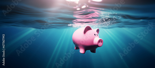 Pink piggy bank sinks underwater, drowning to the bottom of sea water - Concept of investment failure, financial risk, debt problem, bankruptcy, economy crisis photo