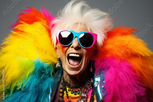 Joyous Elderly Woman Embraces Playful Spirit in Vibrant Photo Session. Happy senior, rainbow outfit.