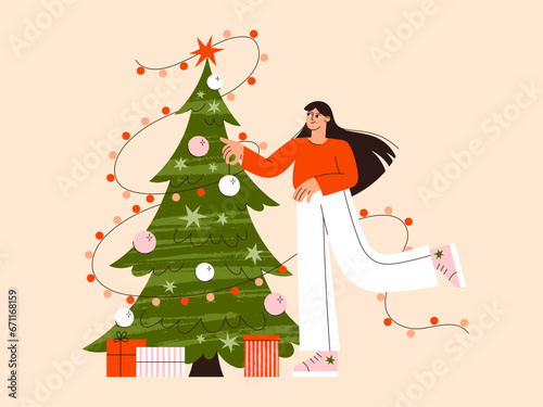 Christmas girl vector flat illustration. Young woman decorating Christmas tree