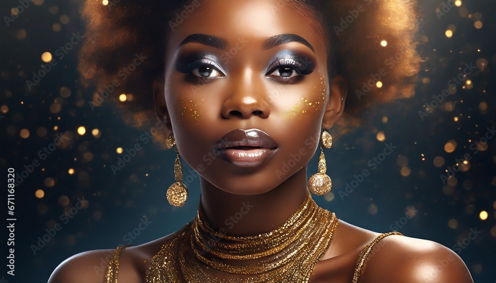Portrait closeup Beauty african woman face in gold paint. Golden shiny skin. Fashion model girl posing.