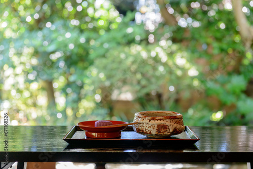 和菓子とお茶、日本家屋の縁側の風景、茶道イメージ photo