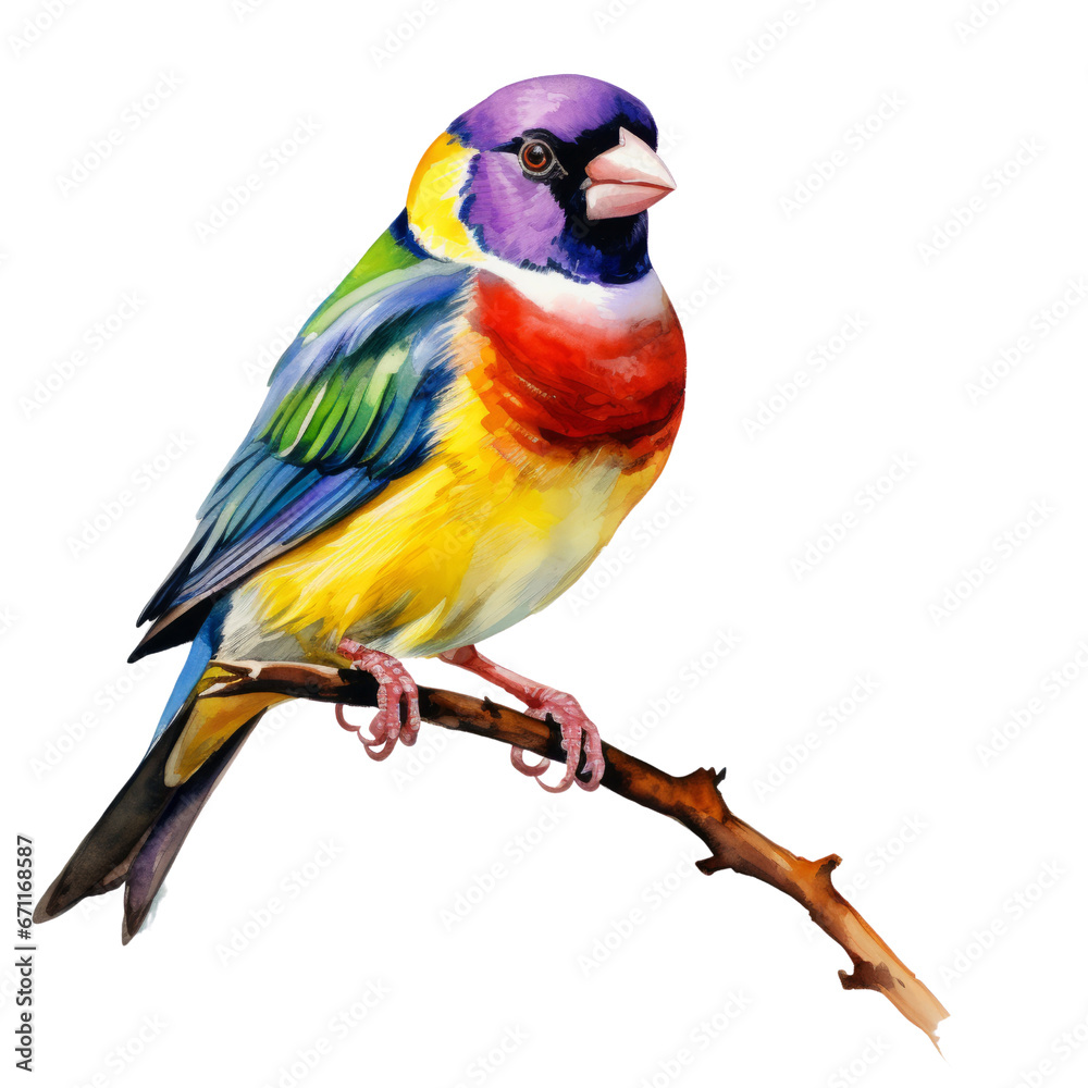 Watercolor paint beautiful budgie budgerigar goldfinch bird sits on a branch. Hand Drawn Summer Tropical Illustration isolated on white background.	