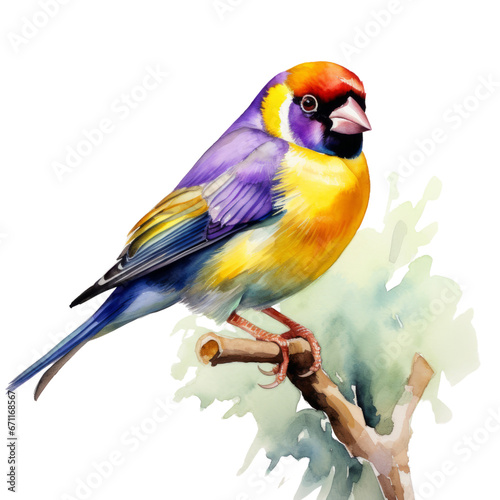 Watercolor paint beautiful budgie budgerigar goldfinch bird sits on a branch. Hand Drawn Summer Tropical Illustration isolated on white background. 