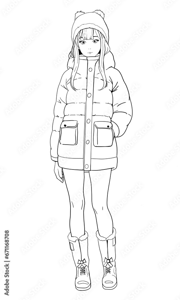 Sketch of a girl in winter clothes in anime style. lain art. Sketch of a girl in winter clothes in anime style. lain art.