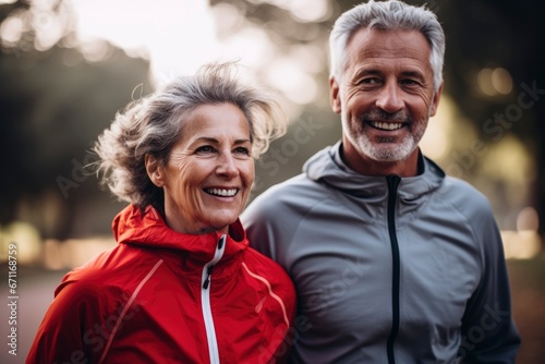 Gray-haired middle-aged man and woman are running, playing sports on the street in park at sunset. Active happy pensioners, healthy lifestyle, senior fitness