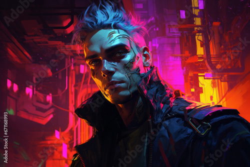 The neon illuminated face of a young cyberpunk man on futuristic metropolis background. Future life concept