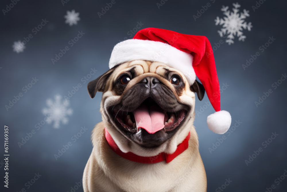 Festive happy French bulldog in red Christmas hat on minimal dark blue background with snow flakes. Winter holidays concept