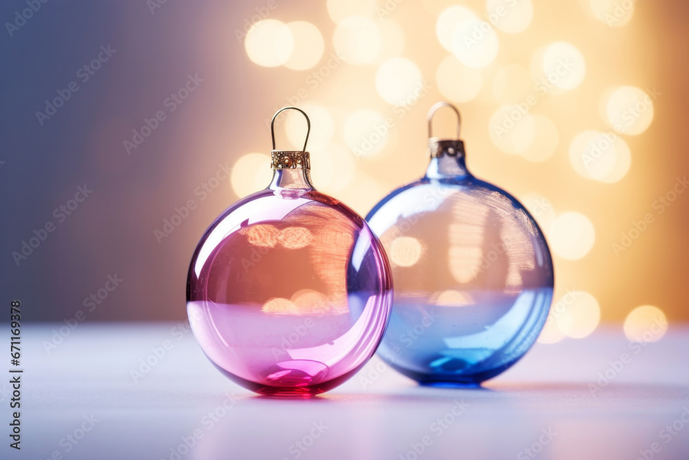 Delicate holiday ornaments baubles in pastel shades cast a gentle reflection amidst a dreamy bokeh ambiance. Winter celebration concept Delicate holiday ornaments baubles in pastel shades cast a gentle reflection amidst a dreamy bokeh ambiance. Winter celebration concept
