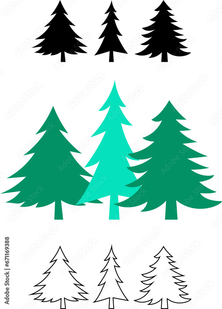 high quality pine tree icon set pack collection in colored style icon, black solid flat icon, and outline icon