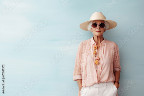 Stylish aged woman model in summer outfit on minimal light blue wall background. Active elderly concept