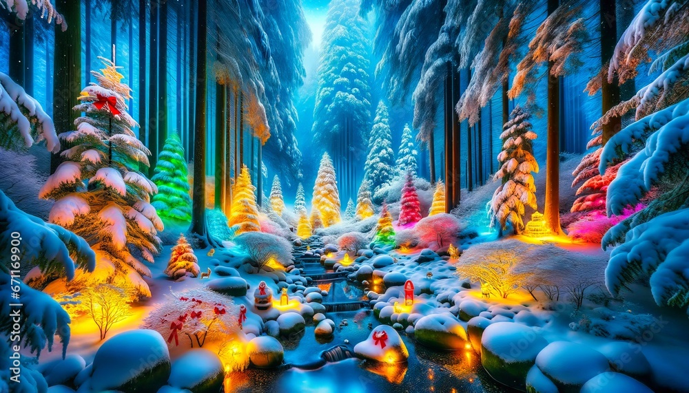 A vibrant Christmas ambiance permeates a snowy forest path, with twinkling starlight reflecting off the vibrant, festive decorations adorning the trees. Generative AI