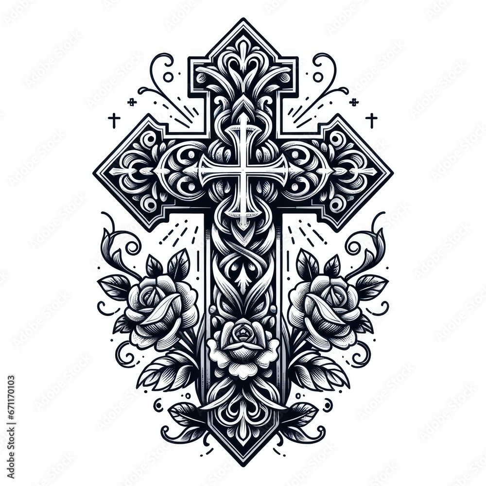 Ornate Cross and Roses: Intricate Tattoo Design Inspiration