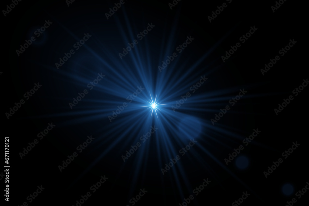 Blue bright star. Light effect bright explosion. Flash of light and glare. Light on a black background. - obrazy, fototapety, plakaty 