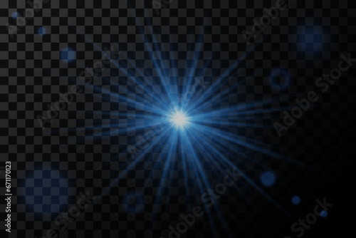 Blue bright star. Light effect bright explosion. Flash of light and glare. Light on a transparent background.