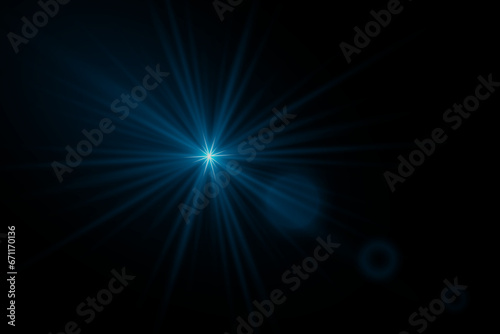 Blue bright star. Light effect bright explosion. Flash of light and glare. Light on a black background.