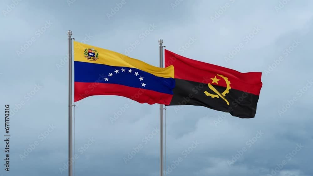 Venezuela flag and Angola flag waving together on cloudy sky, endless seamless loop Venezuela flag and Angola flag waving together on cloudy sky, endless seamless loop