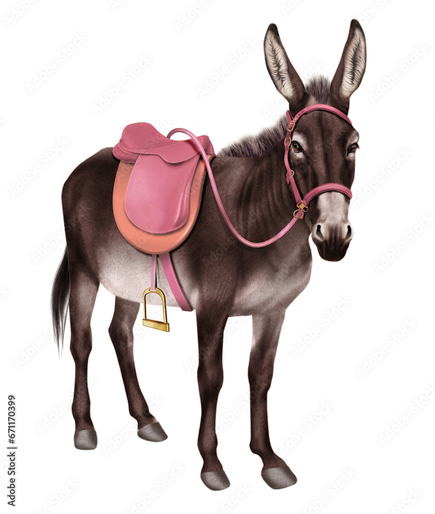 Fototapeta premium âne, animal, ferme, mammifère, nature, équipé en selle, loisirs, équitation, poney, brun, blanc, gazon, tête, alpage, mulet, domestique, champ, isolé, bétail, animal de compagnie